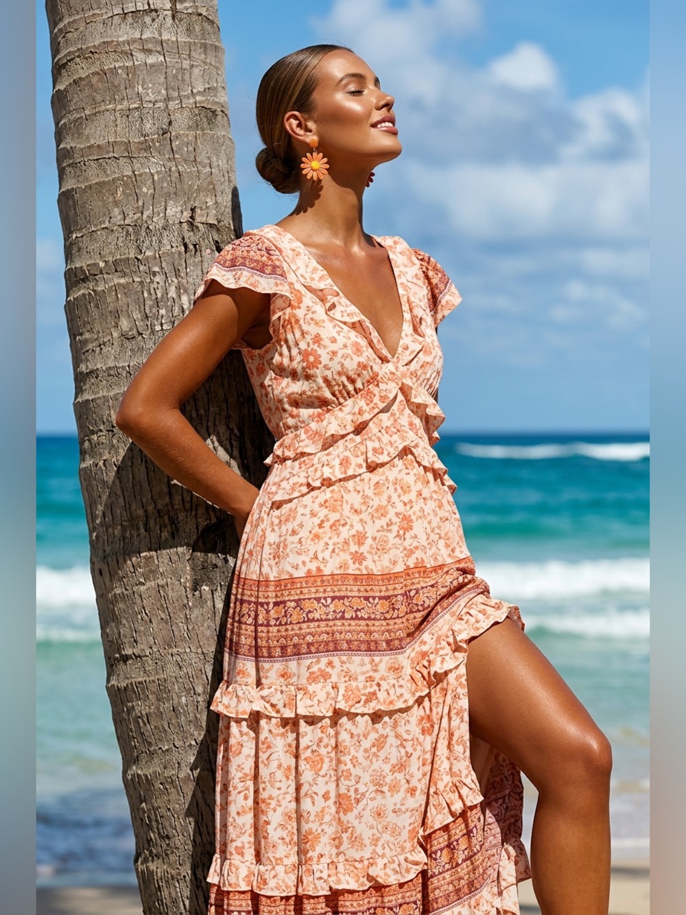 Elegant Floral Maxi Dress - Peach